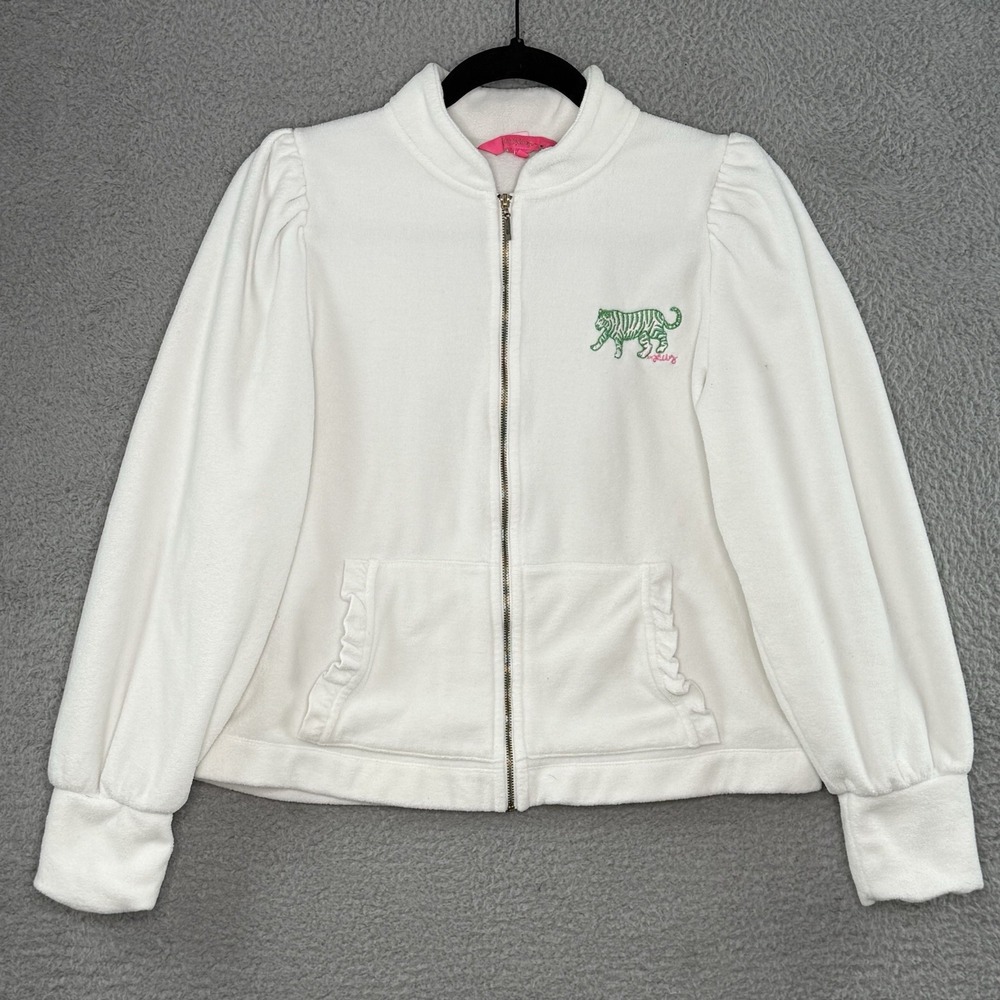 Lilly Pulitzer Full Zip Fleece Jacket Tiger Logo Cozy Sz Small White Pockets